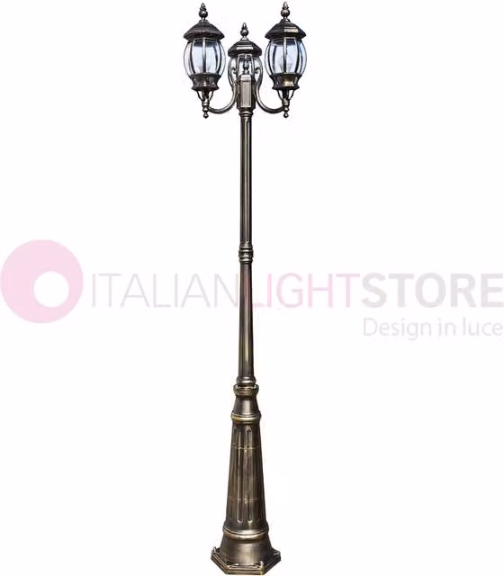 Lampione ENEA a 3 luci in alluminio per esterno e giardino, colore nero e oro, Altezza: 242 cm