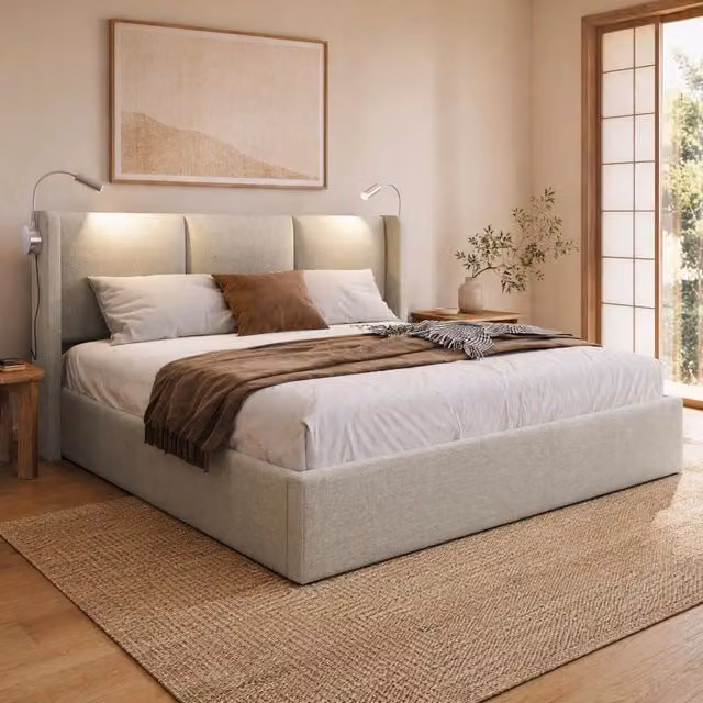 Letto contenitore Mivray in lino beige con rete sollevabile, luce da lettura e porta USB, L/P/H: 140 x 200 x 145 cm