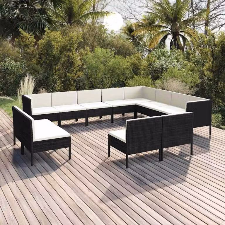 Set di divani da giardino vidaXL a forma di U composto da 11 pezzi con cuscini bianchi e struttura in polyrattan nero e metallo