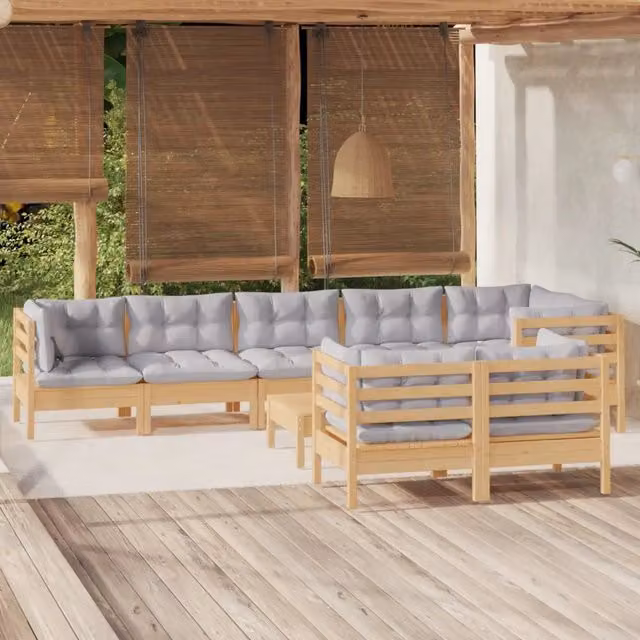 Set Divani da Giardino 9 pz con Cuscini Grigi Massello di Pino 3096507
