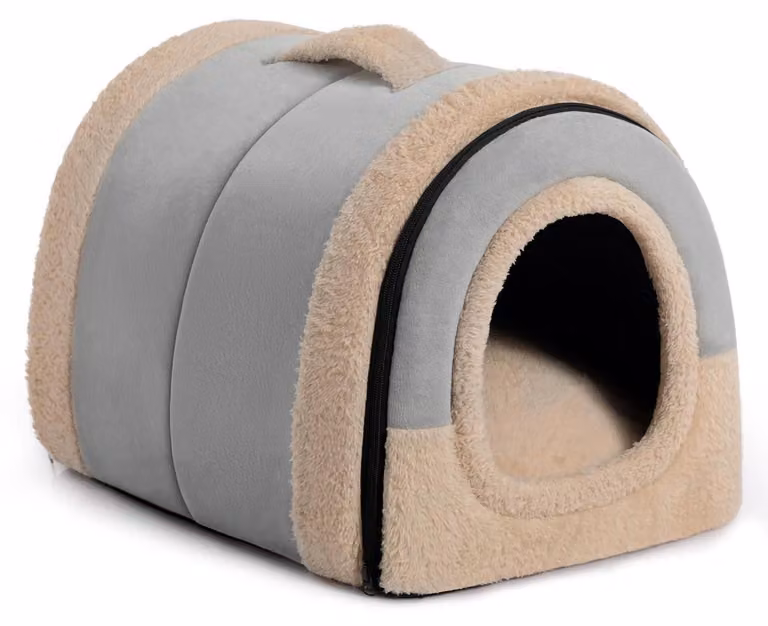 Cuccia per gatti e cani, 2-in-1, pieghevole, calda, a forma di tana, in velluto cristallino, color grigio chiaro, dimensioni 42x35x35 cm