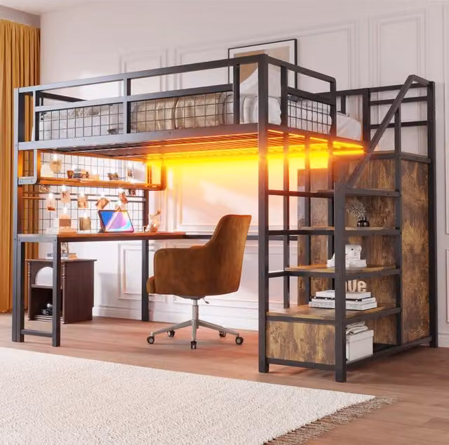 Letto a soppalco in metallo 140 x 200 cm con scala contenitore; armadio; scrivania e prese; nero