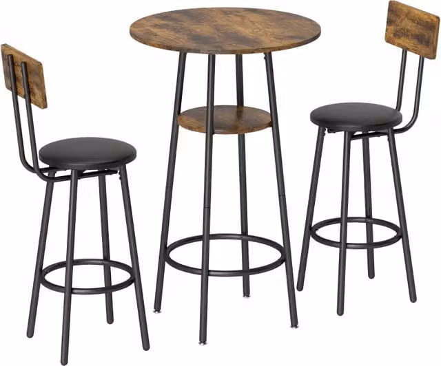 Set da bar industriale con 2 sgabelli imbottiti, poggiapiedi, struttura in metallo, tavolo da cucina con ripiano, marrone rustico