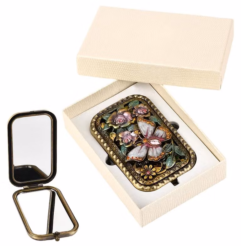 Specchio da trucco pieghevole - Doppio specchio vintage per cosmetici con motivo a farfalla - 10,2 x 6,1 cm