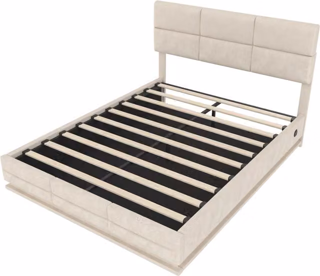 Letto imbottito Gomyway in velluto beige con illuminazione LED, porta USB e sistema di sollevamento idraulico, L/P: 140 x 200 cm