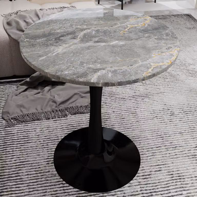 okwish tavolino da caffè tavolino da pranzo con diametro di 70 cm e in stile mid-century modern, tavolino da cucina con venature grigio intenso per 2-4 persone, nero + grigio