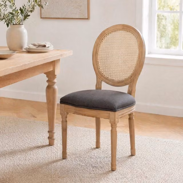 Sedia da sala da pranzo e cucina OKWISH in stile classico con schienale in rattan e struttura in legno, grigio