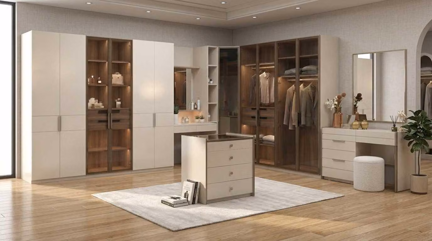Set per camera da letto beige, moderno, composto da armadio, comò da trucco e mobile contenitore