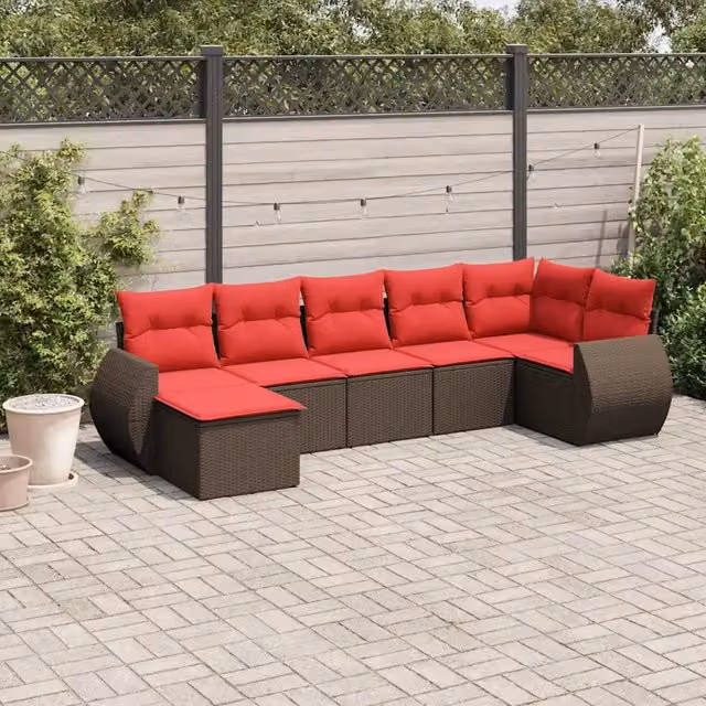 Set Divani da Giardino 7 pz con Cuscini Marrone in Polyrattan 3221683