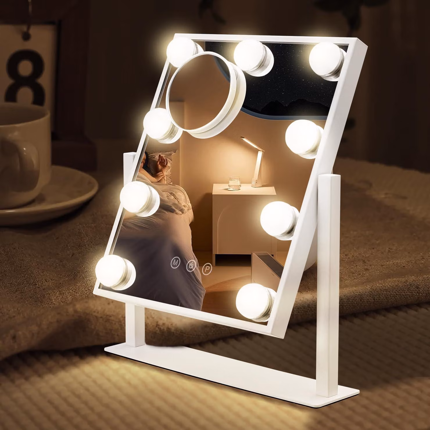 Specchio da trucco con 9 luci LED, controllo touch, 3 modalità di colore e rotazione a 360°