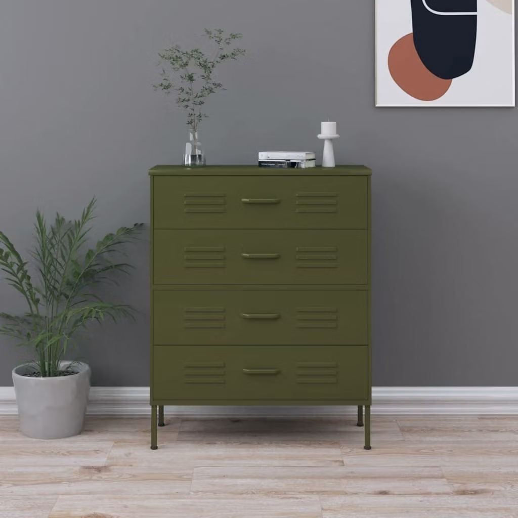 The Living Store Cassettiera verde oliva 80x35x101,5 cm acciaio