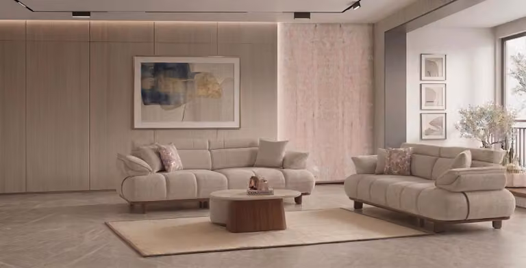 Divano a 3 posti, tavolino, poggiapiedi, stile moderno, colore beige, rivestimento di alta qualità