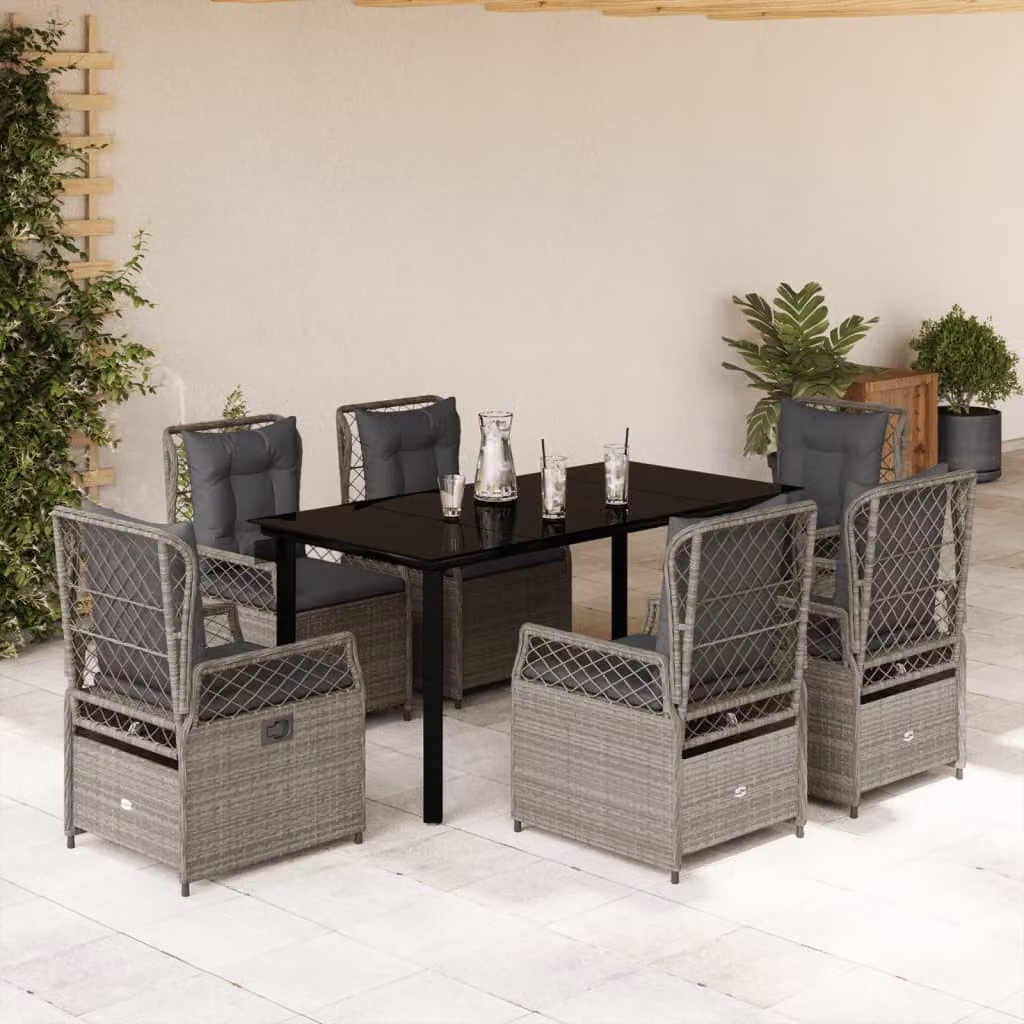Set da Pranzo da Giardino vidaXL in Polyrattan e Vetro con 7 Pezzi Grigio e Nero – 1