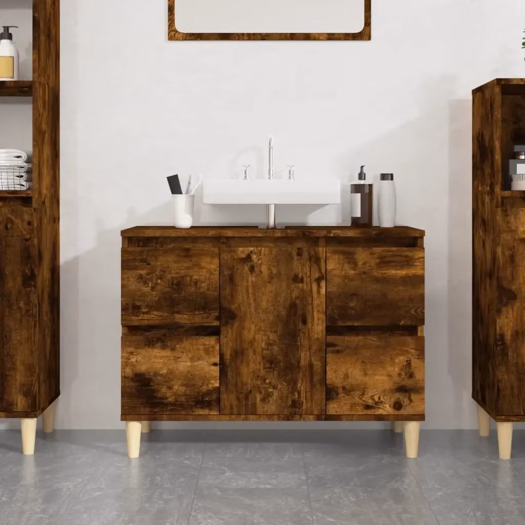 Mobile Lavabo Moderno in Legno Multistrato Rovere Fumo Marrone con Ante e Cassetti, L: 80 cm, P: 33 cm, H: 60 cm – 2