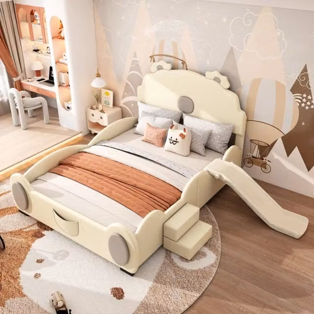 Letto per bambini OKWISH a forma di orsetto con scala e scivolo, beige, L/P/H: 200 x 140 x 110 cm