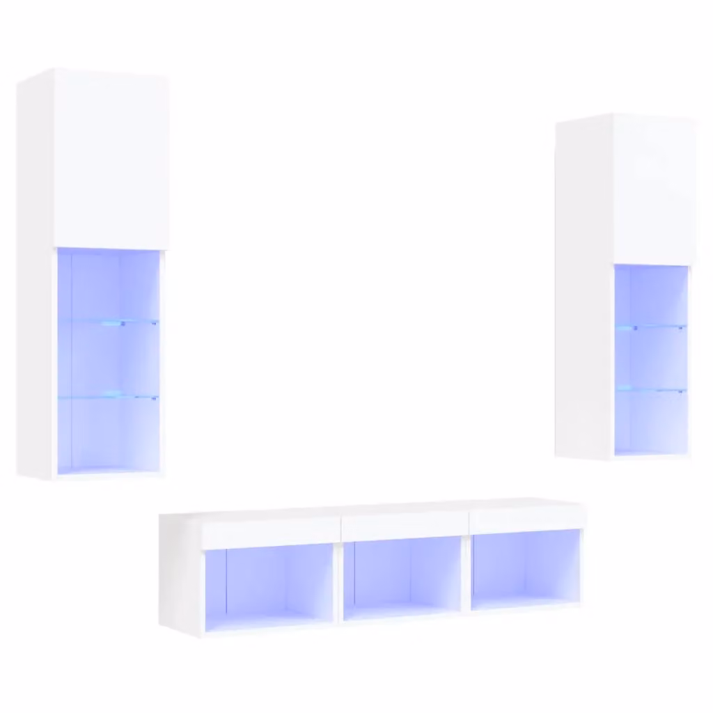 Mobile TV a muro vidaXL con illuminazione LED integrata, 5 pezzi, bianco, in legno e MDF, L: 120 cm, P: 30 cm, H: 30 cm – 2