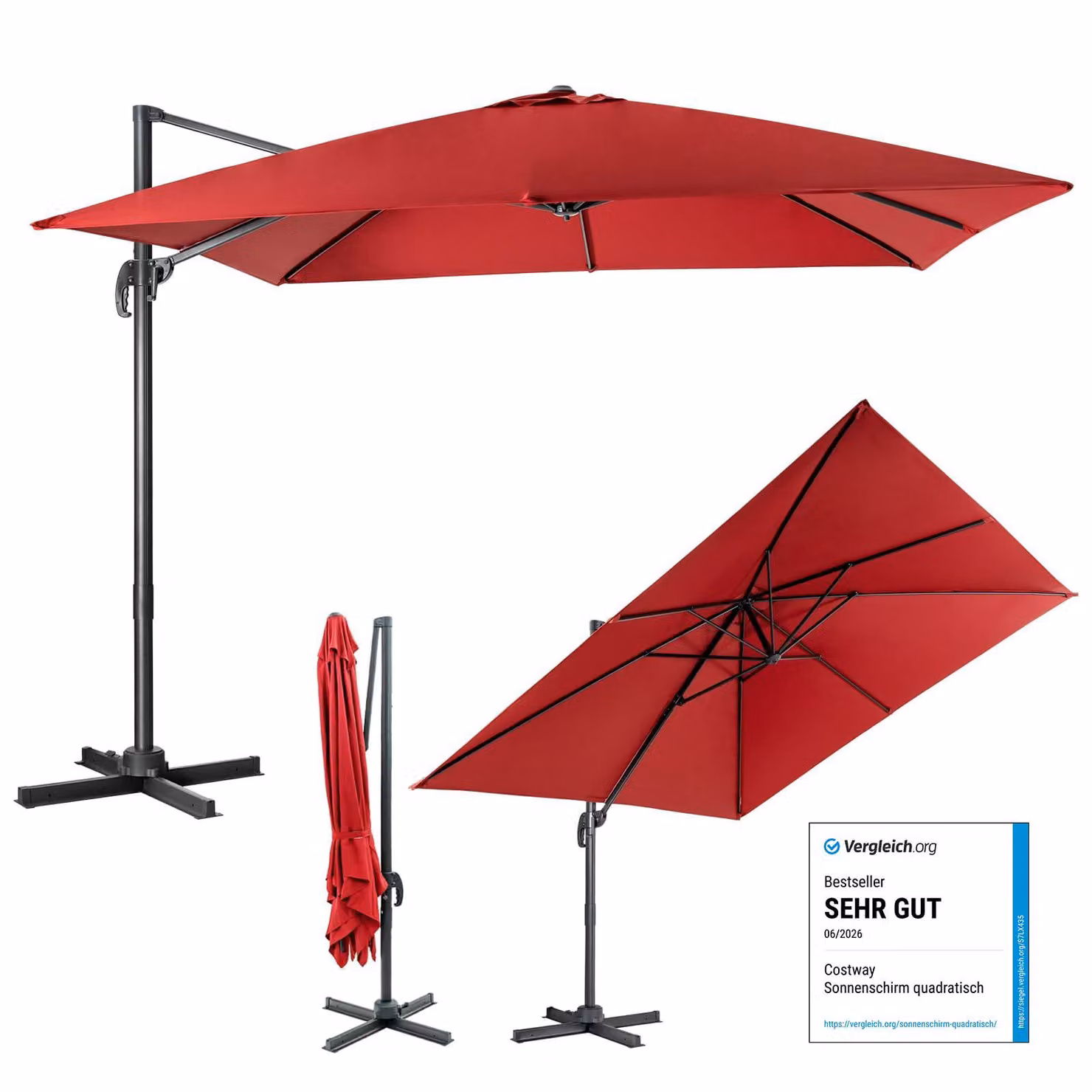 Ombrellone COSTWAY 300x300 cm, ombrellone a braccio con manovella, ombrellone da giardino inclinabile, ruotabile a 360°, ombrellone grande da terrazza, ombrellone da mercato, rosso vino