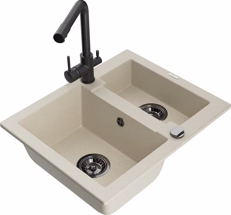 Mexen Carlos lavello in granito 1,5 vasca con rubinetto cucina Duero, beige - 6518-69-671600-70