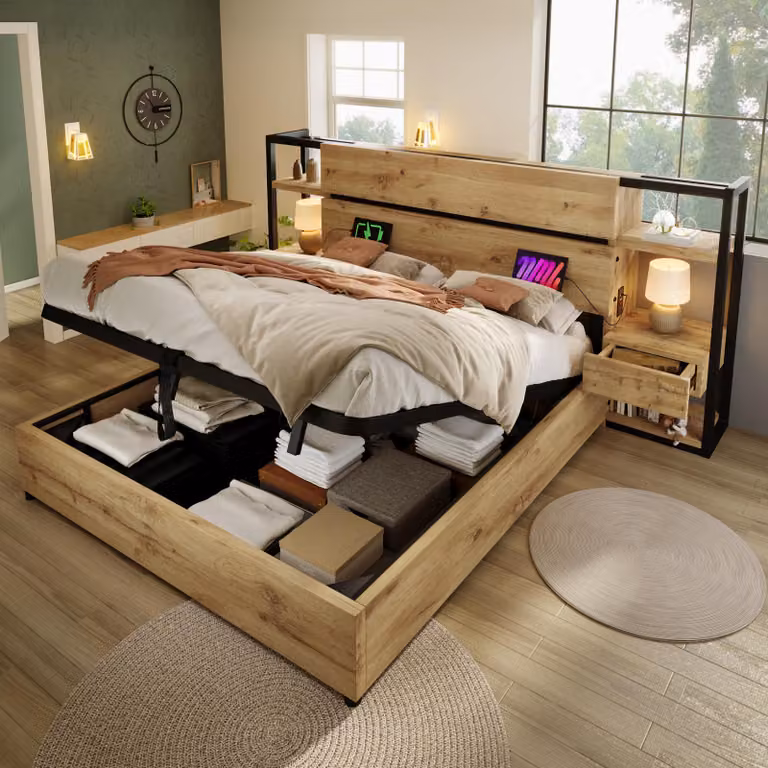 Letto matrimoniale in legno, dimensioni 160 x 200 cm, con cassone contenitore a sollevamento idraulico, testiera con cassetti, prese USB e di tipo C su entrambi i lati, doghe in legno, finitura noce