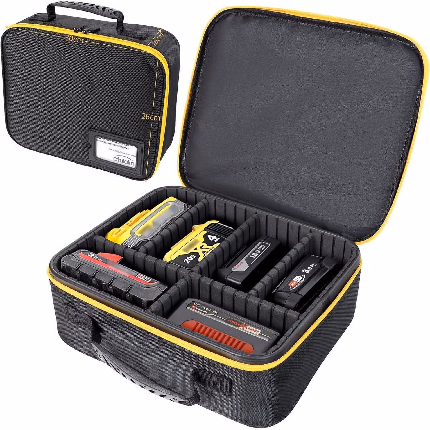 Custodia rigida per attrezzi, dimensioni 30 x 26 x 10 cm, con divisori per batterie e caricabatterie. Impermeabile e resistente agli urti
