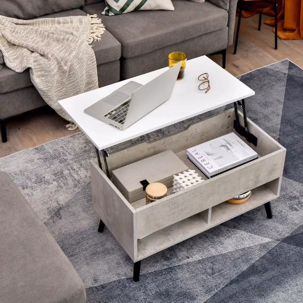 Tavolino da caffè moderno DESIGN IN con scomparto nascosto e 2 scaffali aperti in legno e metallo, Grigio – 2