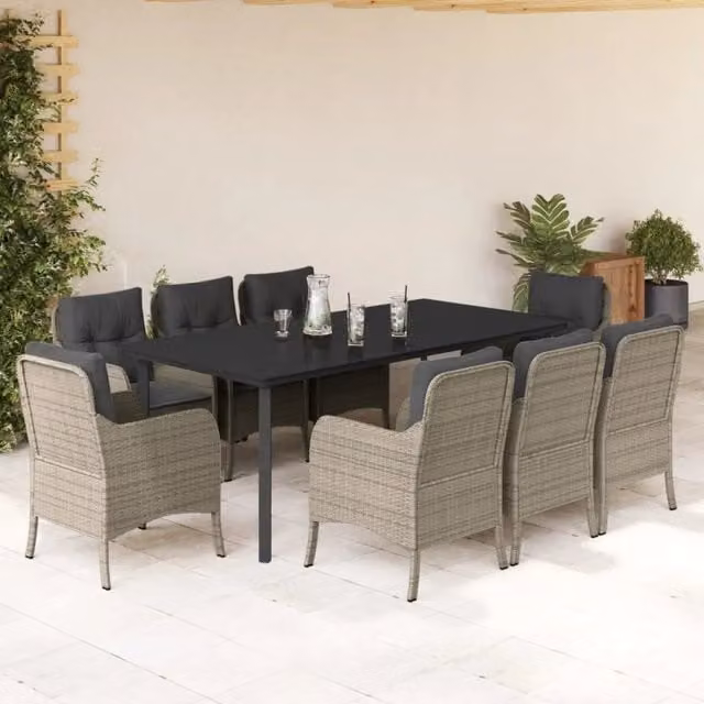 Set Pranzo da Giardino vidaXL in Polyrattan con Piano in Vetro e 9 Cuscini, Colore Antracite