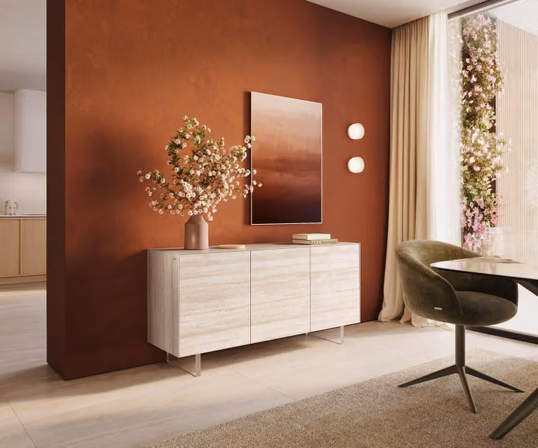 DELIFE Sideboard Cuor 150 cm Vetroceramica Laminam® Travertino Bianco Creme-Bianco 3 ante Base sospesa Vetro acrilico