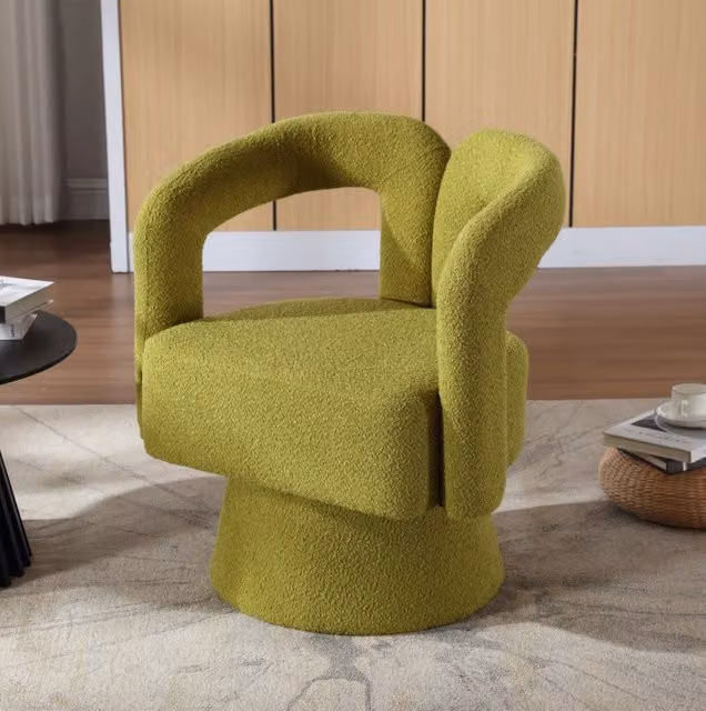 Poltrona girevole a 360° in tessuto bouclé verde oliva