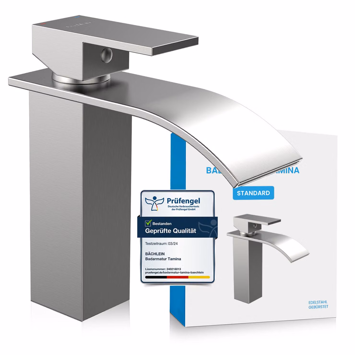 Miscelatore per bagno Tamina - acciaio inox spazzolato | Miscelatore per bagno a cascata dal design classico - rubinetto per lavabo da appoggio