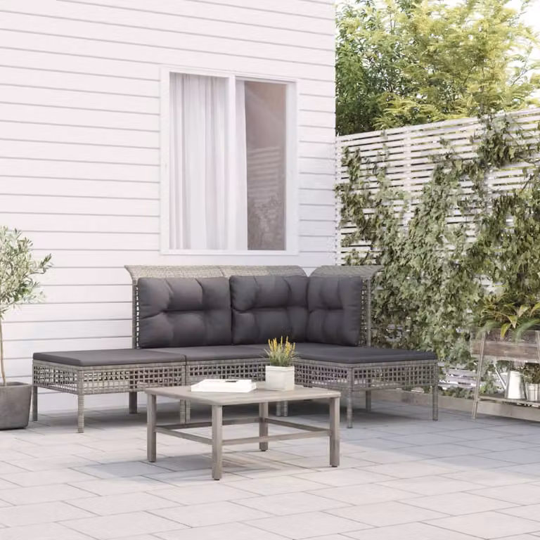 Set di divani da giardino vidaXL 4 pezzi con cuscini in polyrattan e struttura in metallo grigio con configurazione a L e pouf