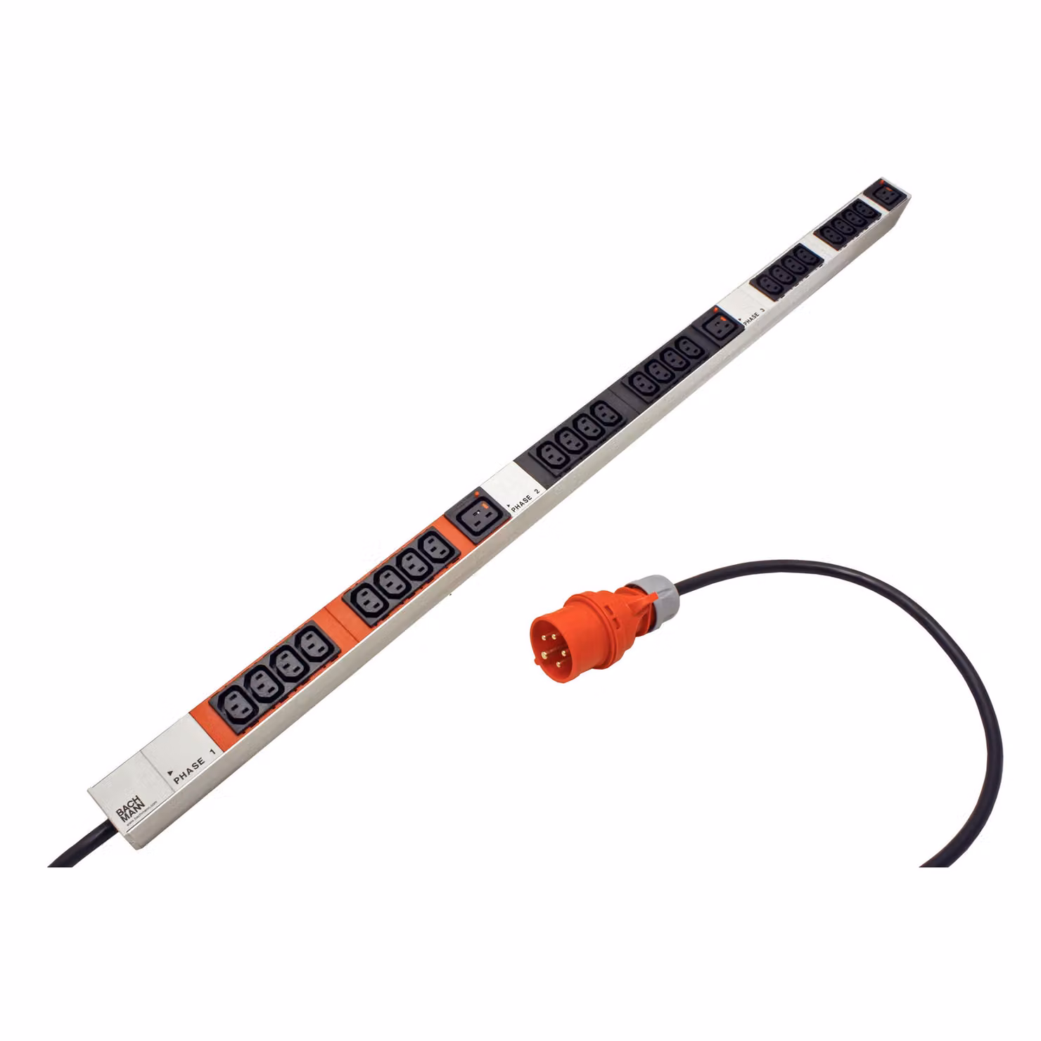 BACHMANN Pannello di alimentazione verticale 24x IEC320 C13, 3x IEC320 C19, 3m, IEC 60309 3x16A a forcella, alu (800.1656) (19.07.2170)