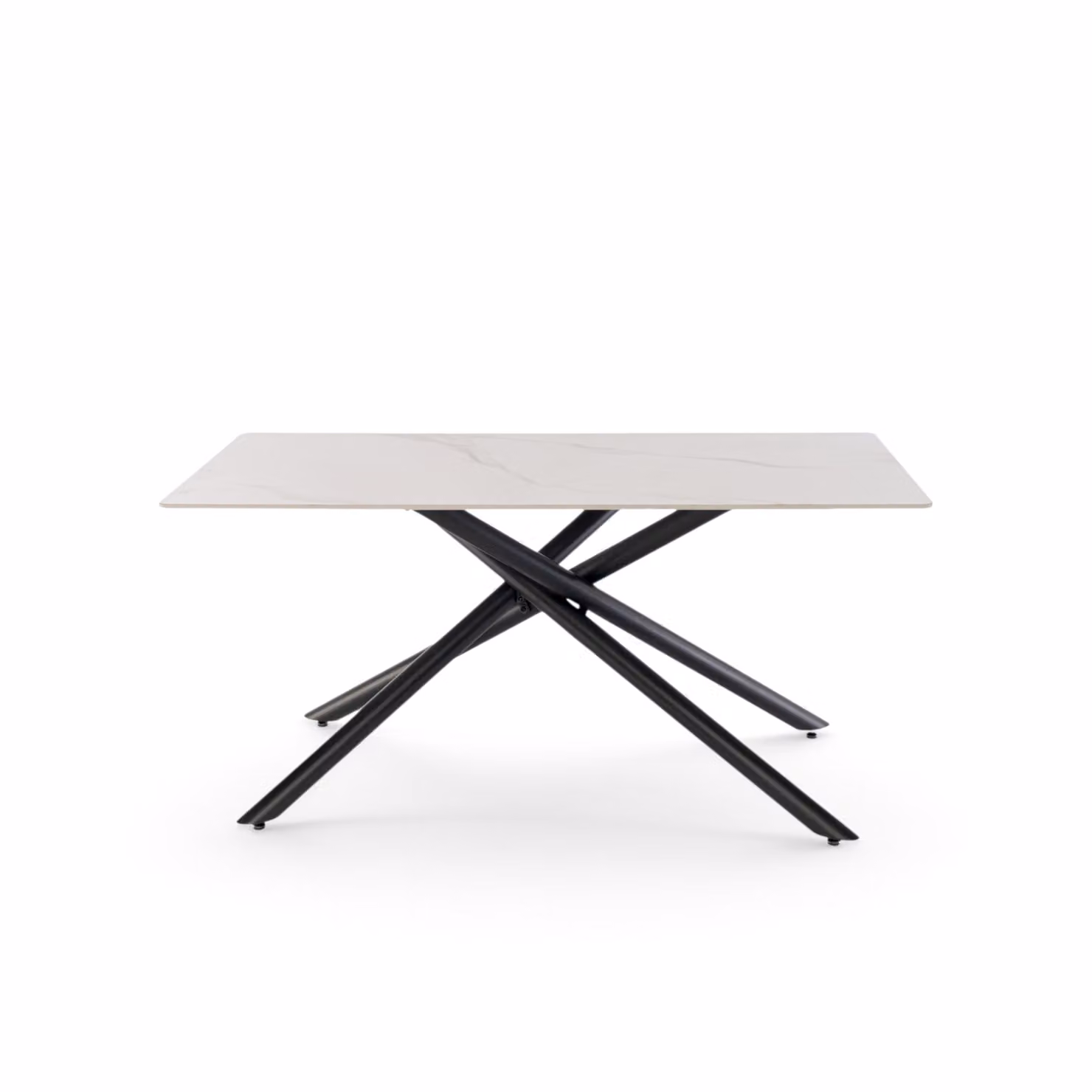 Tavolo MACINAGGIO con piano in ceramica effetto calacatta e gambe incrociate in metallo verniciato nero, 160x90x76 cm