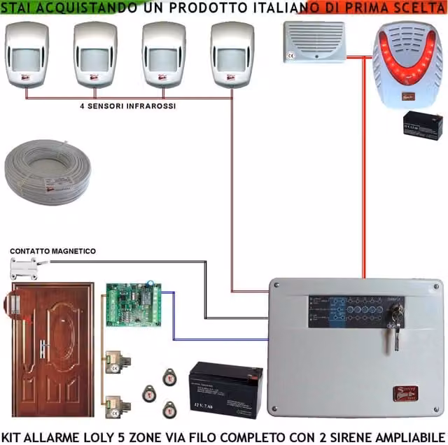 Kit Impianto Antifurto Securvera Loly con Centrale 5 Zone, 4 Sensori di Movimento Infrarossi, Contatti Magnetici, Sirene Interna ed Esterna Lampeggiante, Chiave Digitale Proxi, 3 Trasponder, 2 Lettori e 100 MT di Cavo 2+4, Colore Bianco