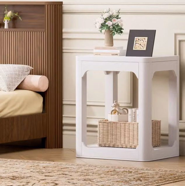 Set di 2 Tavolini Laterali Bianchi con Ripiani a 2 Livelli e Piano da 3 cm, 50x40x60 cm