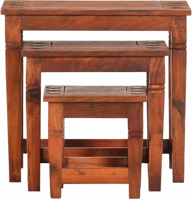 Set di 3 tavolini impilabili in legno di acacia color marrone antico per soggiorno