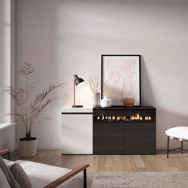 Credenza, Mobile, 150x35x75cm, 3 Porte, Camino elettrico, Bianco e nero RF2506