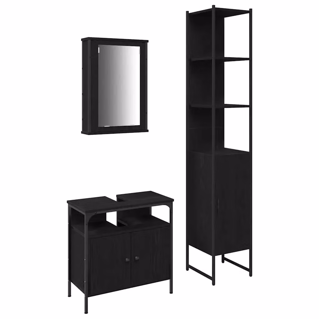 Set di mobili per il bagno moderno vidaXL in 3 pezzi, colore nero e rovere, composto da armadietto con specchio, mobile lavabo e colonna alta, H x L x P: 185,5 x 60 x 33 cm – 2