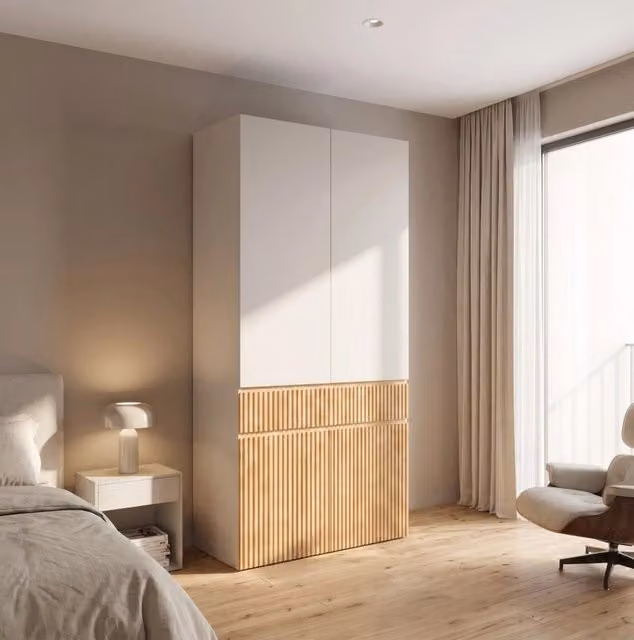 Armadio guardaroba 90x50x200 cm con 4 ante; cassetto e appendiabiti; rovere chiaro e grigio