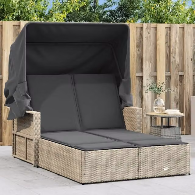 Lettino Doppio Baldacchino e Cuscini Grigio Chiaro Polyrattan 365812