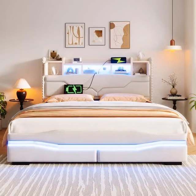 Letto contenitore matrimoniale in lino beige con USB, Type-C, illuminazione LED e testiera con vano, L/P/H: 160 x 200 x 166 cm