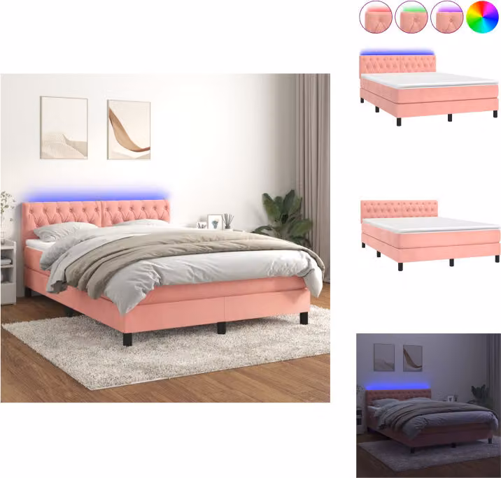 vidaXL Letto a molle con materasso e LED in velluto rosa 140x190 cm - Letti & strutture letto