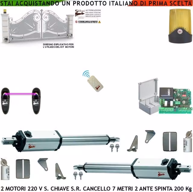Automazione 230 V Ricambio per Cancello da 7 Metri 2 Ante da 3,5 Metri Motori Elettromeccanici 220 V Stelo Retrattile Autobloccante Corsa Stelo 600 mm Spinta 250 Kg Centrale di Comando Incorpora Radio