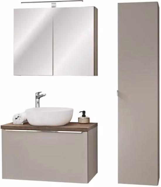 Set bagno Meublorama VANTA beige con mobile sottolavabo, lavabo da appoggio, mobili contenitori, specchio con illuminazione LED