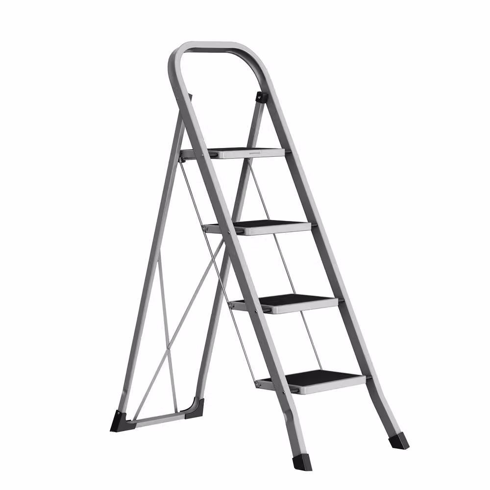 Scaletta Pieghevole Chiusura di Sicurezza per Piegamento, Grigio Tortora / 4 Gradini (89P x 45l x 127H cm)