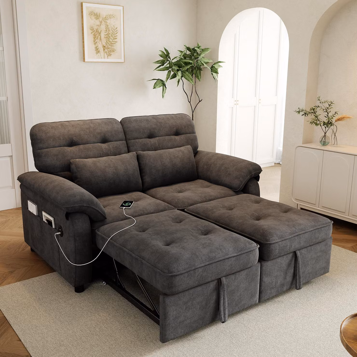 Divano letto STILVORA 3-in-1 con funzione angolare estraibile e letto matrimoniale, ideale per un utilizzo versatile. Divano letto con schienale regolabile in 3 posizioni e funzione letto, divano in velluto con porta USB e Type-C e 2 cuscini, colore grigi