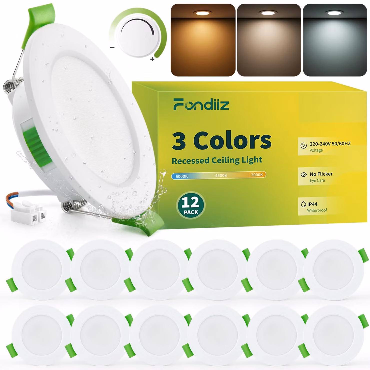 Fari a LED da incasso, dimmerabili, da 55-68 mm, 3,5 W, 340 lumen, 230 V, grado di protezione IP44, confezione da 12 pezzi