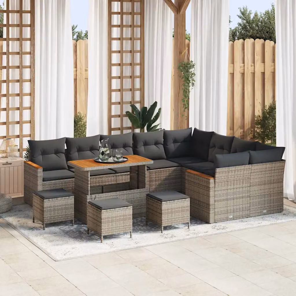 vidaXL Set Divano da Giardino a L 13 pz Grigio con Cuscini e Tavolino da Esterno in Rattan e Metallo – 1