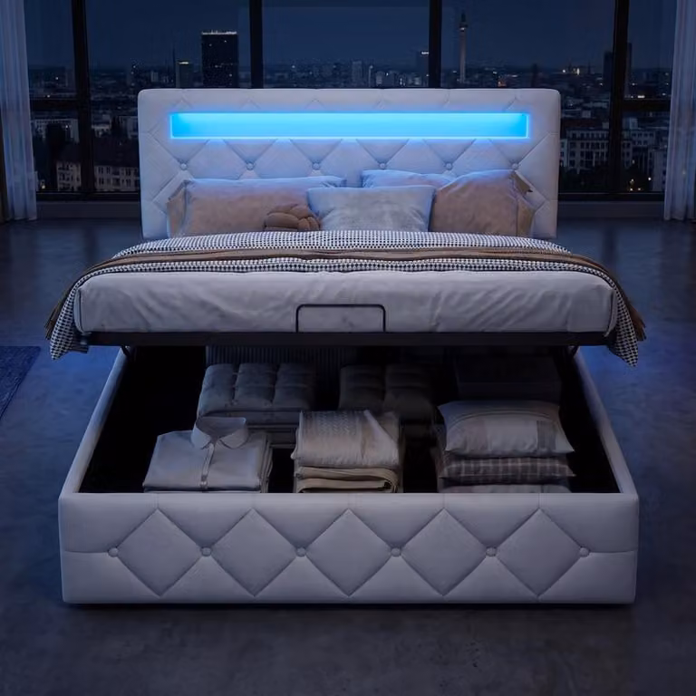 ProximaX Letto imbottito moderno 140x200 cm in albicocca con illuminazione a LED, porta di ricarica USB e alzata a gas - letto matrimoniale con ampio spazio di contenimento sotto la base del materasso e testata in tessuto imbottito