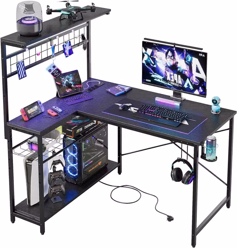 Scrivania ad angolo - Scrivania a forma di L - Scrivania per computer - Arredamento per l'area di lavoro - Scrivania da gaming - Viola - Con illuminazione LED RGB