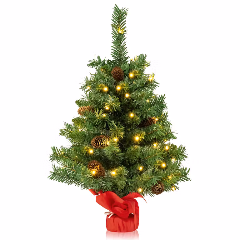 COSTWAY 64 cm albero di Natale artificiale con luci, piccolo albero di Natale con 8 modalità di illuminazione, 8 pigne e base in cemento, decorazione natalizia, albero di Natale da tavolo per casa, ufficio